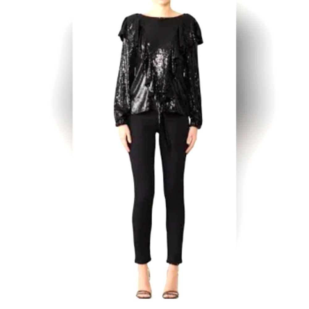 Nicole Miller Artelier Medium Ruffle Sequin Long Sleeves Crew Neck Blouse